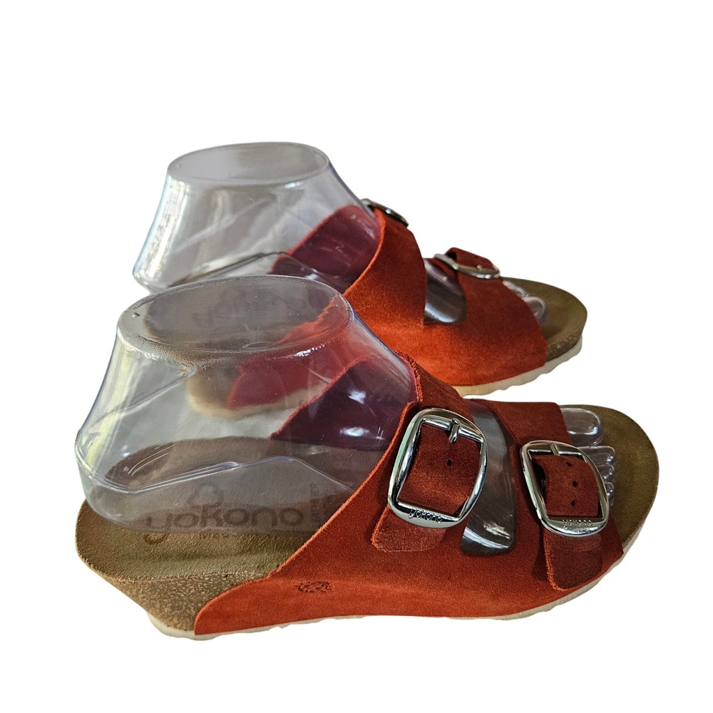 Yokono Ibiza Women's 6.5 Rust Orange Suede Double Buckle Cork Wedge Sandals - Picture 5 of 8